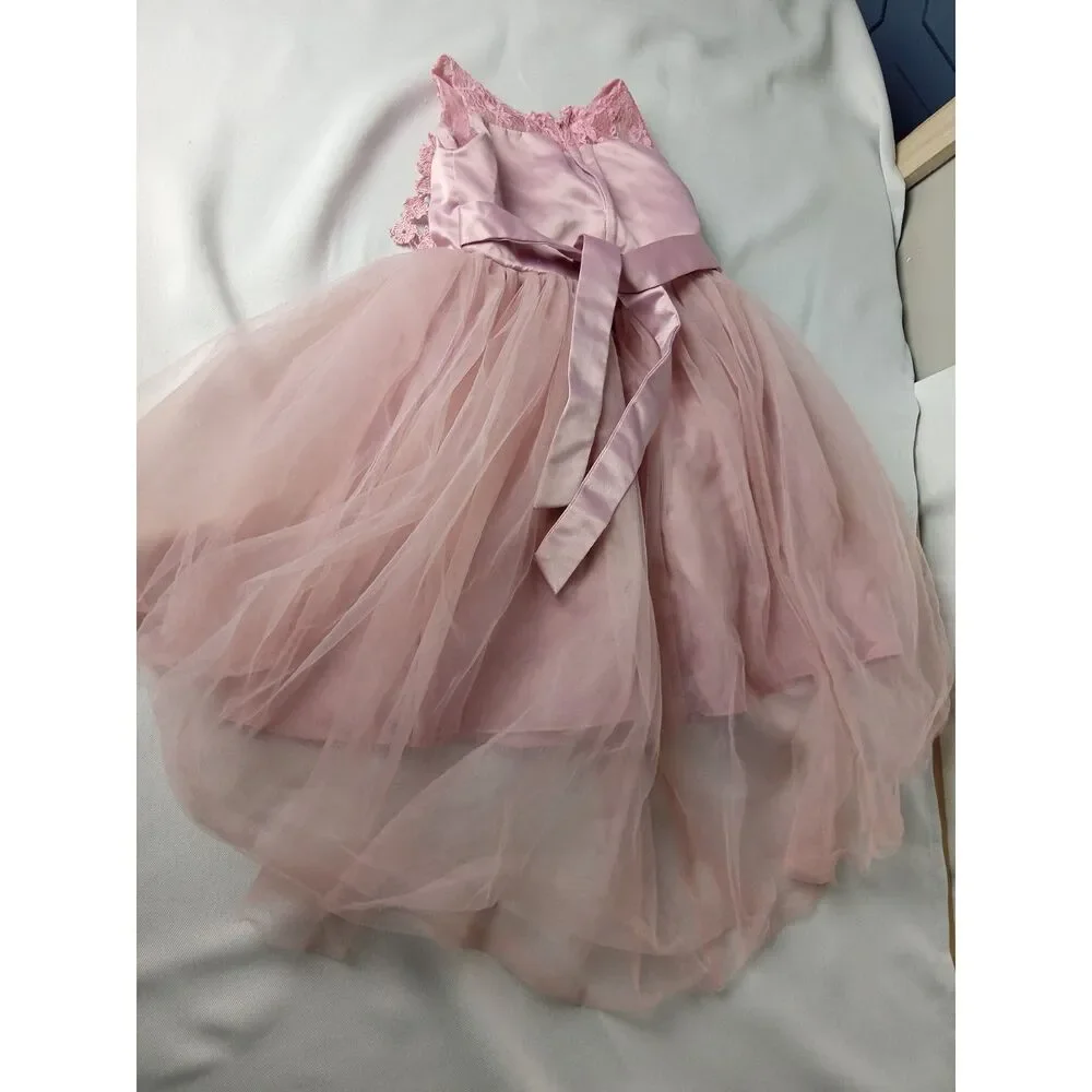 Girls Dusty Pink Lace Tulle Flower Pearl Special Occasion Formal Dress Size 4T